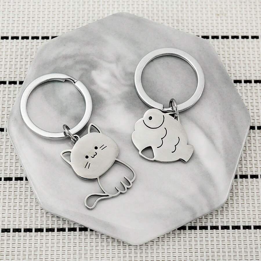 1pair Unisex Stainless Steel Fish Bone And Cat Design Keychain For Couples, Friends - Silver - View 1