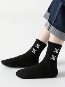 5双装儿童字母条纹中筒袜，百搭，男女童皆宜，春秋季，尺码1-2岁、2-3岁、3-8岁、8-12岁