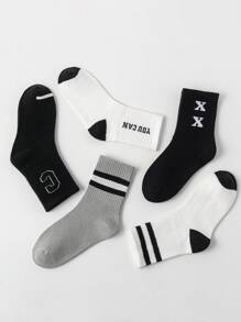 5双装儿童字母条纹中筒袜，百搭，男女童皆宜，春秋季，尺码1-2岁、2-3岁、3-8岁、8-12岁