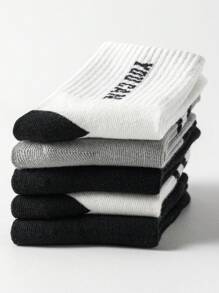 5双装儿童字母条纹中筒袜，百搭，男女童皆宜，春秋季，尺码1-2岁、2-3岁、3-8岁、8-12岁