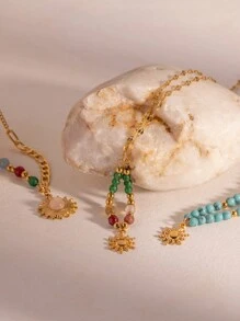 Uworld 1個18k鍍金時尚個性化太陽形天然石項鍊,適合女性日常佩戴 - 彩色 - 查看 5