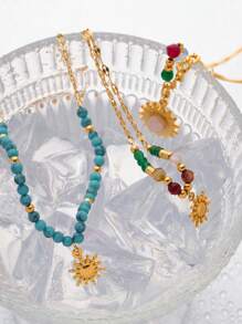 Uworld 1個18k鍍金時尚個性化太陽形天然石項鍊,適合女性日常佩戴 - 彩色 - 查看 2