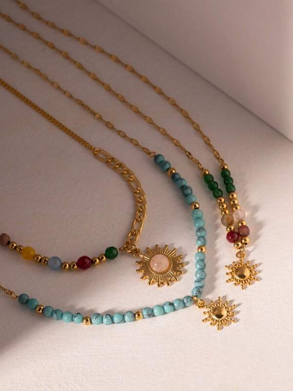 Uworld 1pc 18k Gold Plated Fashionable Personalized Sun-Shaped Handmade Natural Stone Necklace, Suitable For Women's Daily Wear
