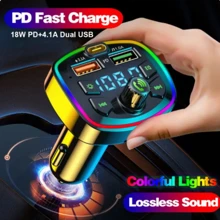 Transmissor de FM para Carro, Bluetooth 5.0, Dual USB, Carregador Tipo-C, Leitor MP3, Formato, Disco U, Cartão TF, Música Sem Perdas, Luz Atmosfera, 3.1A, Q7