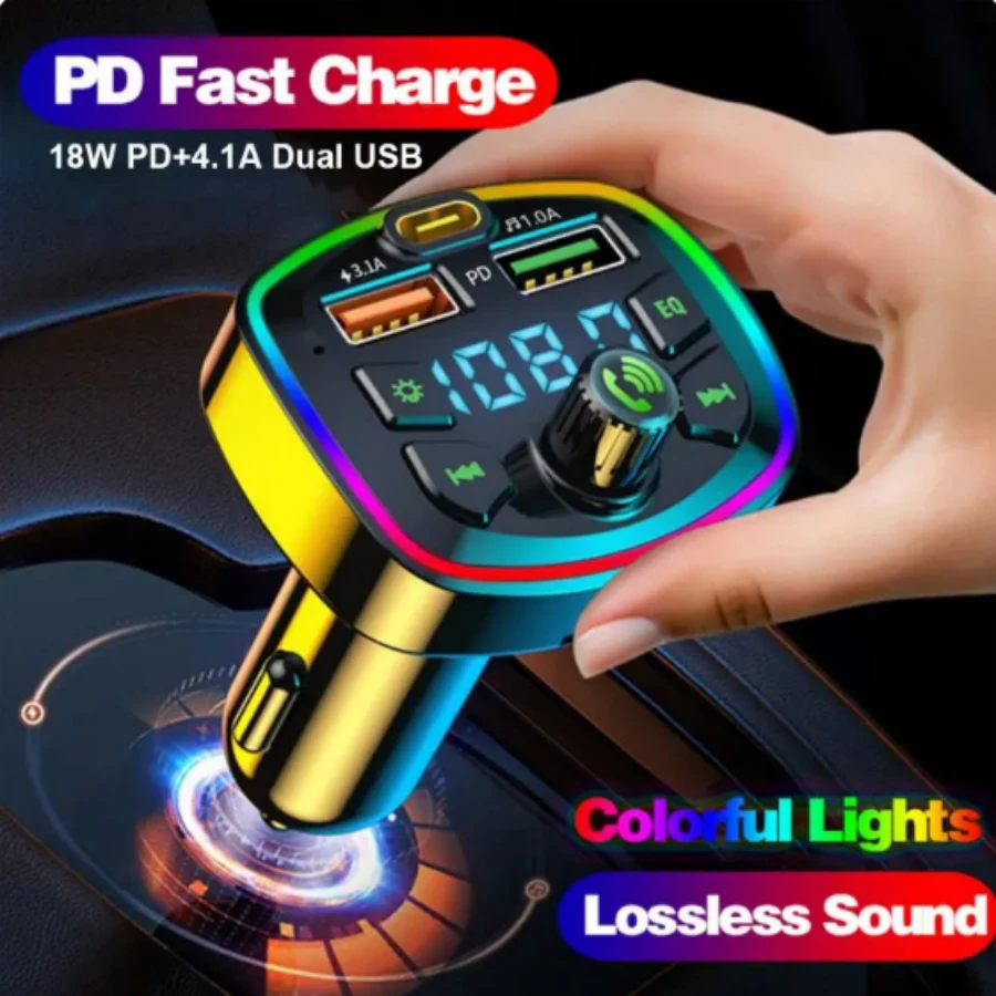 Transmissor de FM para Carro, Bluetooth 5.0, Dual USB, Carregador Tipo-C, Leitor MP3, Formato, Disco U, Cartão TF, Música Sem Perdas, Luz Atmosfera, 3.1A, Q7