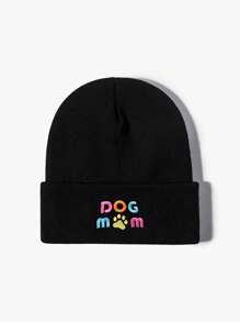 1 件男女通用黑色 2000 年代風格刺繡“狗媽媽”針織帽,戶外保暖針織帽休閒冬季無簷小便帽適合日常通勤 - 黑色 - 查看 2