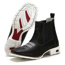 Botina Preta Sola Branca Masculina Bota Texana Cano Curto Couro Bovino Bico Quadrado - Preto - Visão 2