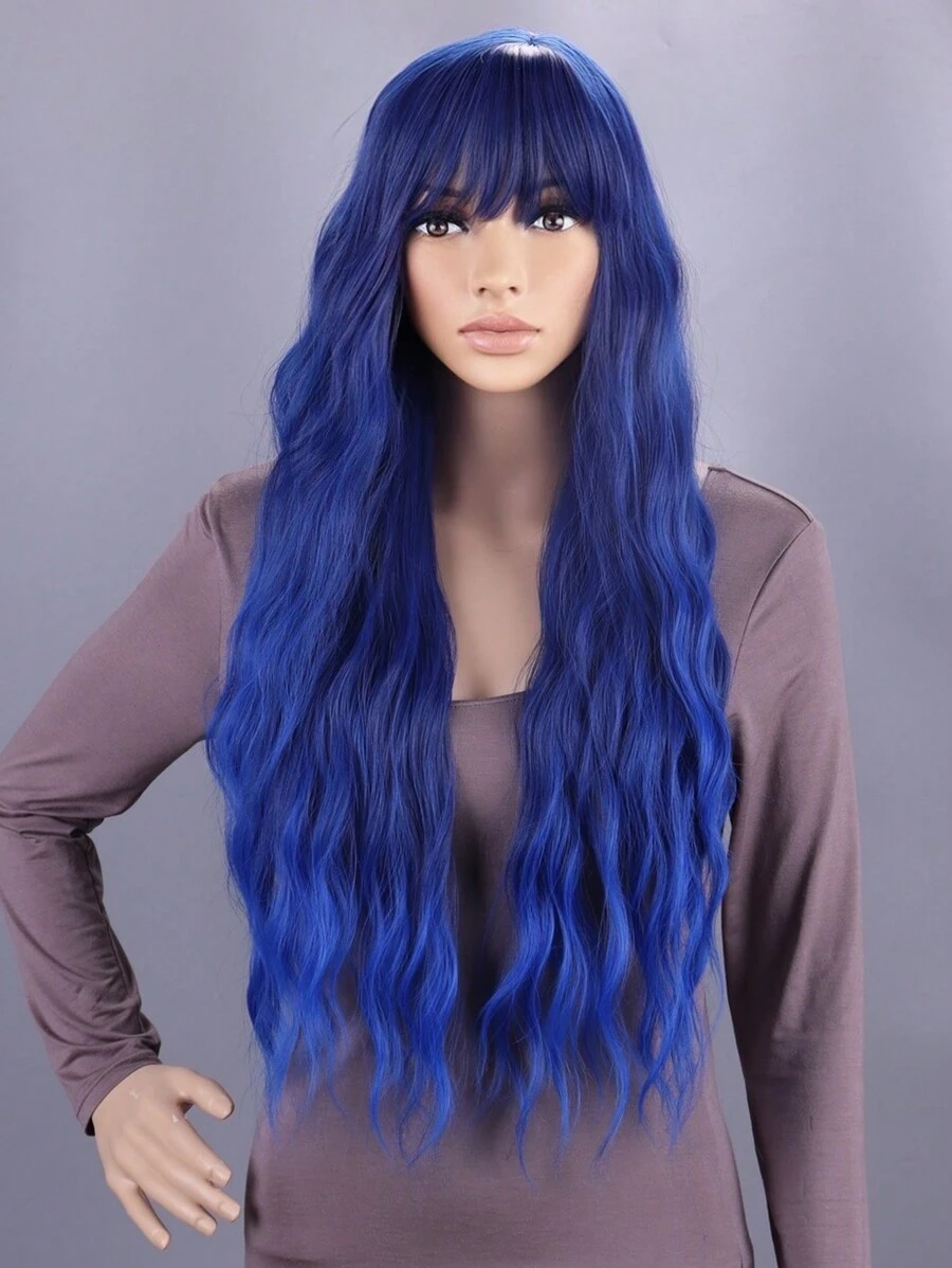 Peluca Con Cabello Largo Y Rizado Con Flequillo, Ondas Pequeñas, Disponible En Múltiples Colores - Azul - Ver 1