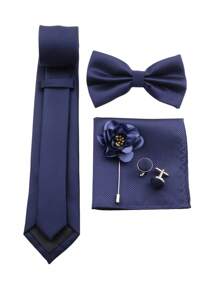ZONFAZ 5入組男士商務時尚格紋領帶&蝴蝶結&口袋方巾&袖扣&衣襟針套裝,適用於婚禮和日常穿著 - 藏蓝色 - 查看 2