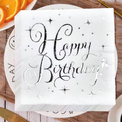 20pcs Happy Birthday Foil Stamped Napkins In Gold, Silver And Rose Gold, Party Decoration Supplies,Christmas