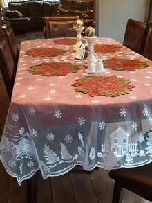 1pc Christmas Snowflake Tablecloth, Lace Reindeer Pattern Table Cover For Party Decoration, White Rectangular - one-size - View 2