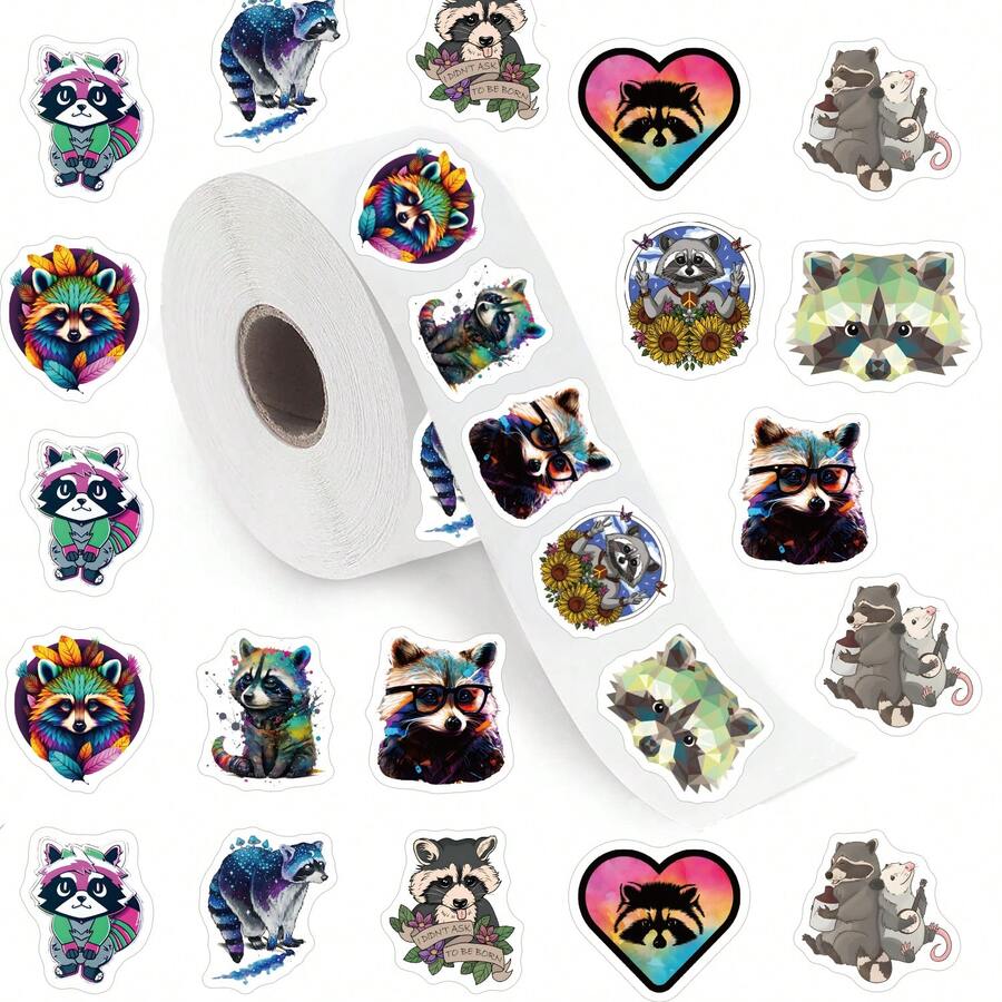 500pcs/roll Cute Cartoon Raccoon Stickers, 1 Inch Label Sticker Roll With 10 Patterns For Scrapbooking Self-adhesive Sealing Stationery Card Envelope - Multicolor - View 1