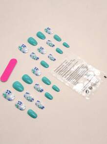 提升雅緻,24入組簡約氣質短橢圓形花紋指甲貼套裝,附送1把指甲檔和1個果凍膠 - 彩色 - 查看 2