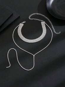 1個沙烏地阿拉伯風格閃亮鑽石裝飾銅質流蘇項鍊,適用於婚禮、派對和跳舞,女士 - 銀色 - 查看 3