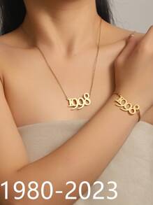 2入組時尚風格年份數字吊墜項鍊手鏈套裝,金色女士生日穿搭 - 金黃色 - 查看 1
