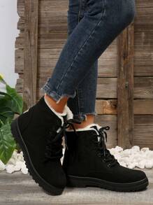 Bottes De Neige Courtes Noires À Lacets Pour Femmes En Hiver Avec Doublure Pour La Chaleur Et La Résistance Au Glissement