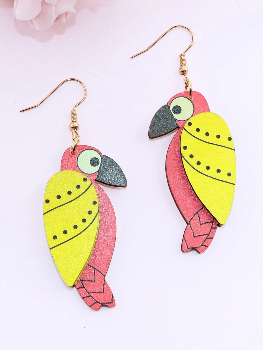 1 對異國情調鸚鵡鳥木質輕質吊式耳環