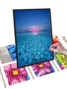 Un Cuadro De Diamantes Que Representa Un Paisaje De Cristal Azul Con Pedrería Completa - Azul - Ver 2