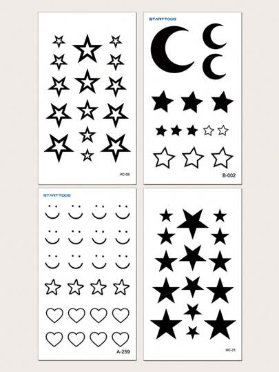 STARTTOOS 4pcs/Pack Black Star, Heart, Crescent Moon Pattern Small Temporary Tattoo Stickers For Finger, Ear, Body