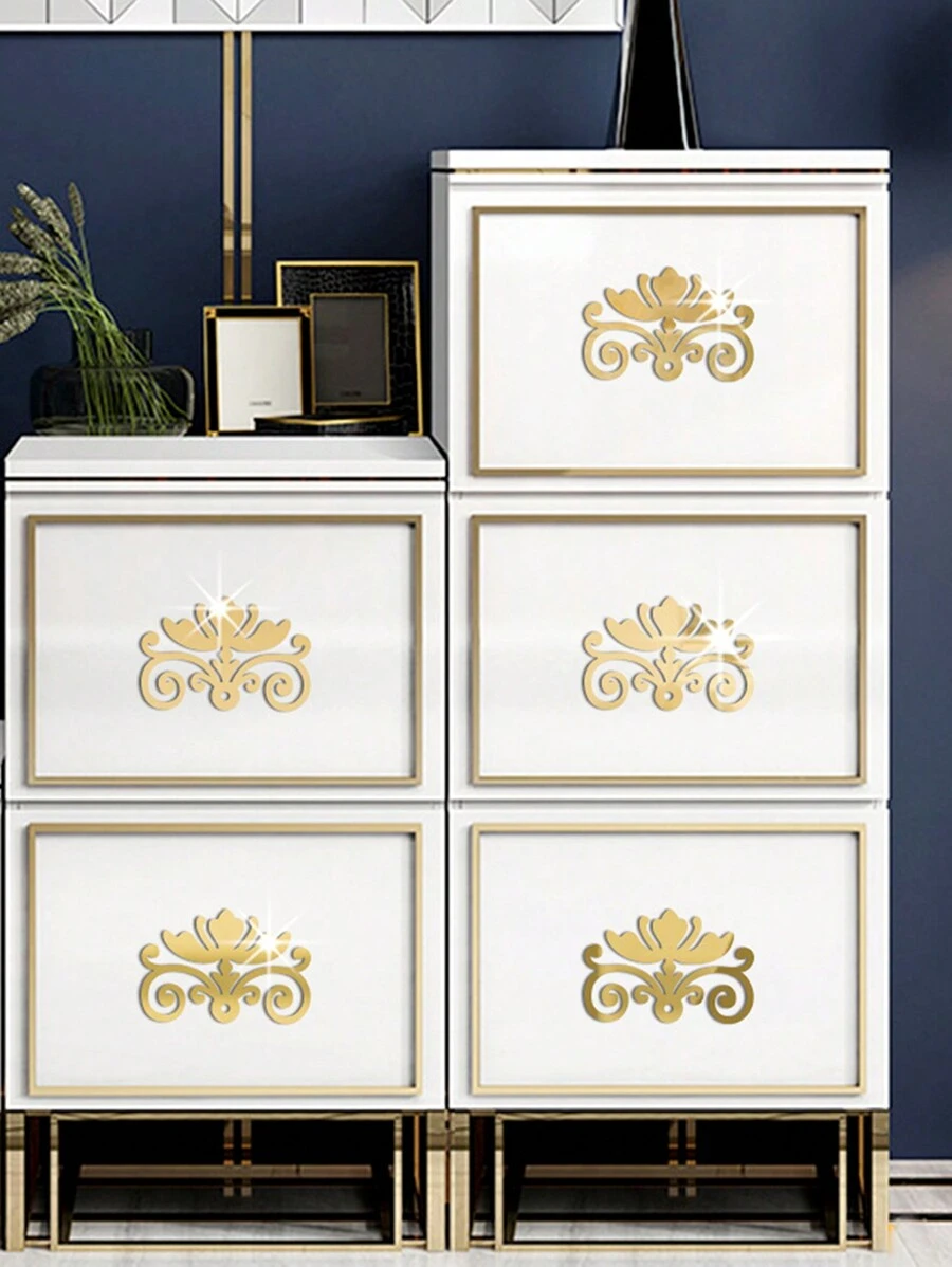 4pcs/set Self-adhesive Gold Mirror Surface 3d Flower Pattern Acrylic Sticker, For Furniture Cabinet, Living Room Wall Decor - Gold - View 1