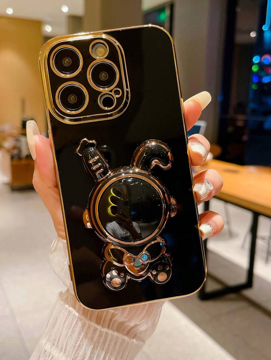 Funda de teléfono a prueba de golpes con soporte multifunción con diseño de conejo astronauta de dibujos animados con acabado de electrochapado, compatible con las series 16, 17, 17 Pro, 17 Plus, 17 Pro Max, versión internacional, no la versión nacional - Negro - Ver 1
