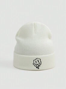 1pc Men's Knitted Hat With Embroidered Cartoon Expression, Suitable For Daily Wear Street Halloween Skull Skeleton Beanie Fall Outfit - White - View 2