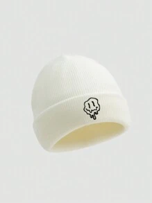 1pc Men's Knitted Hat With Embroidered Cartoon Expression, Suitable For Daily Wear Street Halloween Skull Skeleton Beanie Fall Outfit - White - View 1