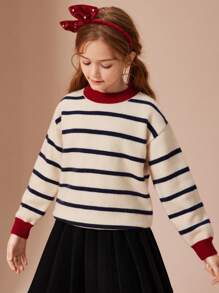 Tween Girl, elegant, casual, cu dungi, pulover tricotat cu bloc de culoare, pulover cald îngroșat pentru toamnă