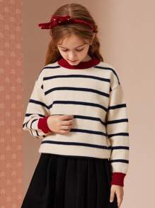 Tween Girl, elegant, casual, cu dungi, pulover tricotat cu bloc de culoare, pulover cald îngroșat pentru toamnă