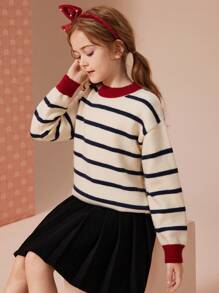 Tween Girl, elegant, casual, cu dungi, pulover tricotat cu bloc de culoare, pulover cald îngroșat pentru toamnă