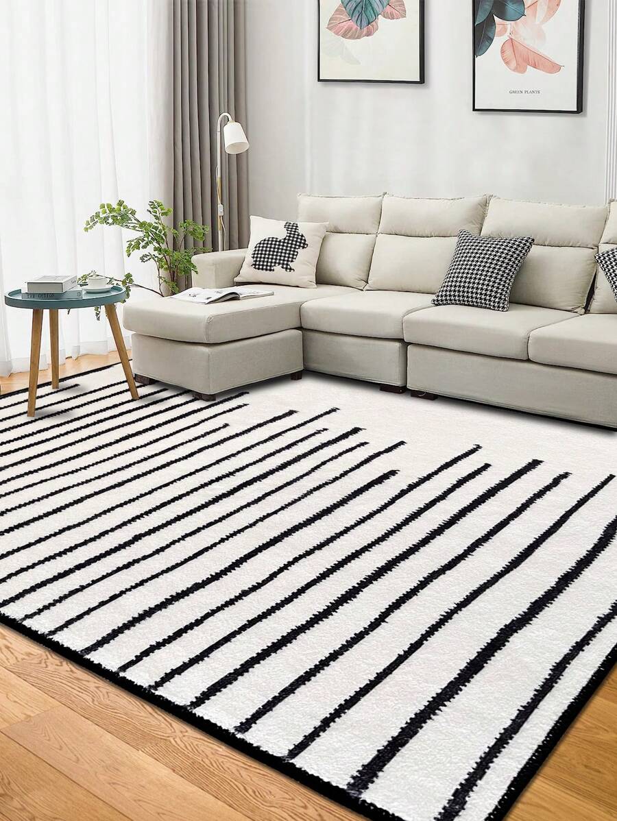 1 件黑白條紋幾何地毯,柔軟舒適聚酯短毛絨纖維,現代簡約風格,適合客廳、臥室、走廊、家居裝飾,可機洗 - 黑與白 - 查看 1