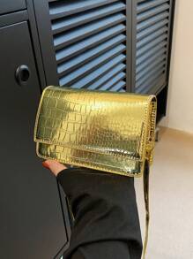 金屬光澤鱷魚紋翻蓋斜肩包 - 金色 - 查看 7