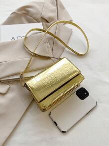 金屬光澤鱷魚紋翻蓋斜肩包 - 金色 - 查看 6