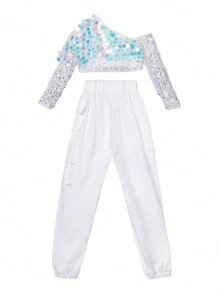 少女閃爍上衣和剪裁褲 (不包括腰帶) - 白色 - 查看 2