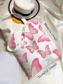 Pink Butterfly Double-Sided Printed Shoulder Tote Bag, Butterfly Bag Valentines