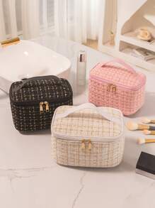 極簡風格大容量女士化妝包,ins風格化妝袋,旅行化妝組織盒,適用於家庭或旅行 - 米色 - 查看 1