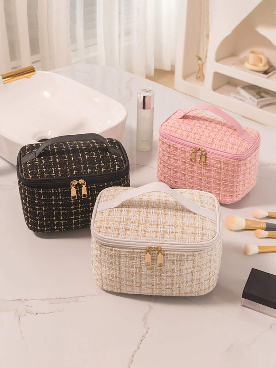 極簡風格大容量女士化妝包,ins風格化妝袋,旅行化妝組織盒,適用於家庭或旅行 - 米色 - 查看 1