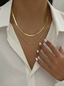 1pc European And American Minimalist Double Layer Snake Bone Chain Clavicle Chain Suitable For Daily Wear - Yellow Gold - View 2