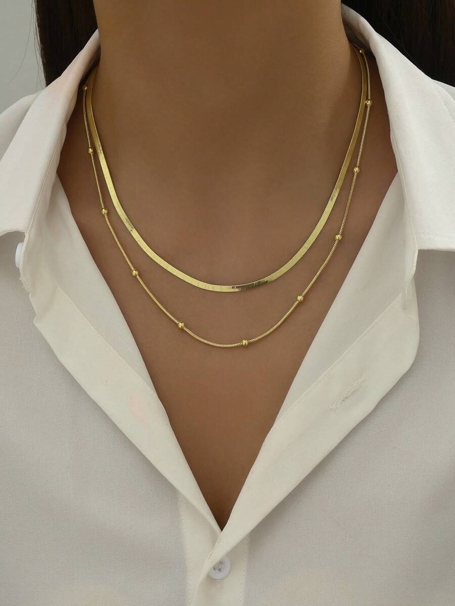 1pc European And American Minimalist Double Layer Snake Bone Chain Clavicle Chain Suitable For Daily Wear - Yellow Gold - View 1