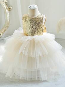 Vestido elegante de fiesta para niña con lazo de lentejuelas doradas y tul, falda de pastel, vestido de princesa, adecuado para fiestas de cumpleaños de niñas, galas de noche, ocasiones formales, vestido de niña de las flores para bodas - Champán - Ver 4