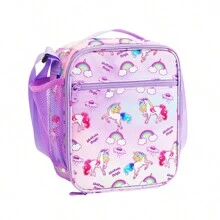 1只獨角獸印花隔熱午餐袋,可重複使用的午餐袋,具有防水襯裡和外部拉鍊口袋,在學校午餐盒中保持食品新鮮,小型便攜的午餐袋,適用於家庭廚房用品 - 紫色 - 查看 1