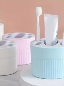 1pc Plastic Freestanding Toothbrush Holder, Bathroom Toothpaste Toothbrush Rack, Simple Toothbrush Storage Tube, Two Tone Pen Holder, Bathroom Accessories - White - View 3
