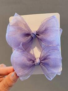 1set 2pcs Tulle Bow Side Hair Clips (Cardboard Is For Photoshoot Only, Actual Delivery Without Cardboard Packaging) Valentine's Day - Purple - View 5