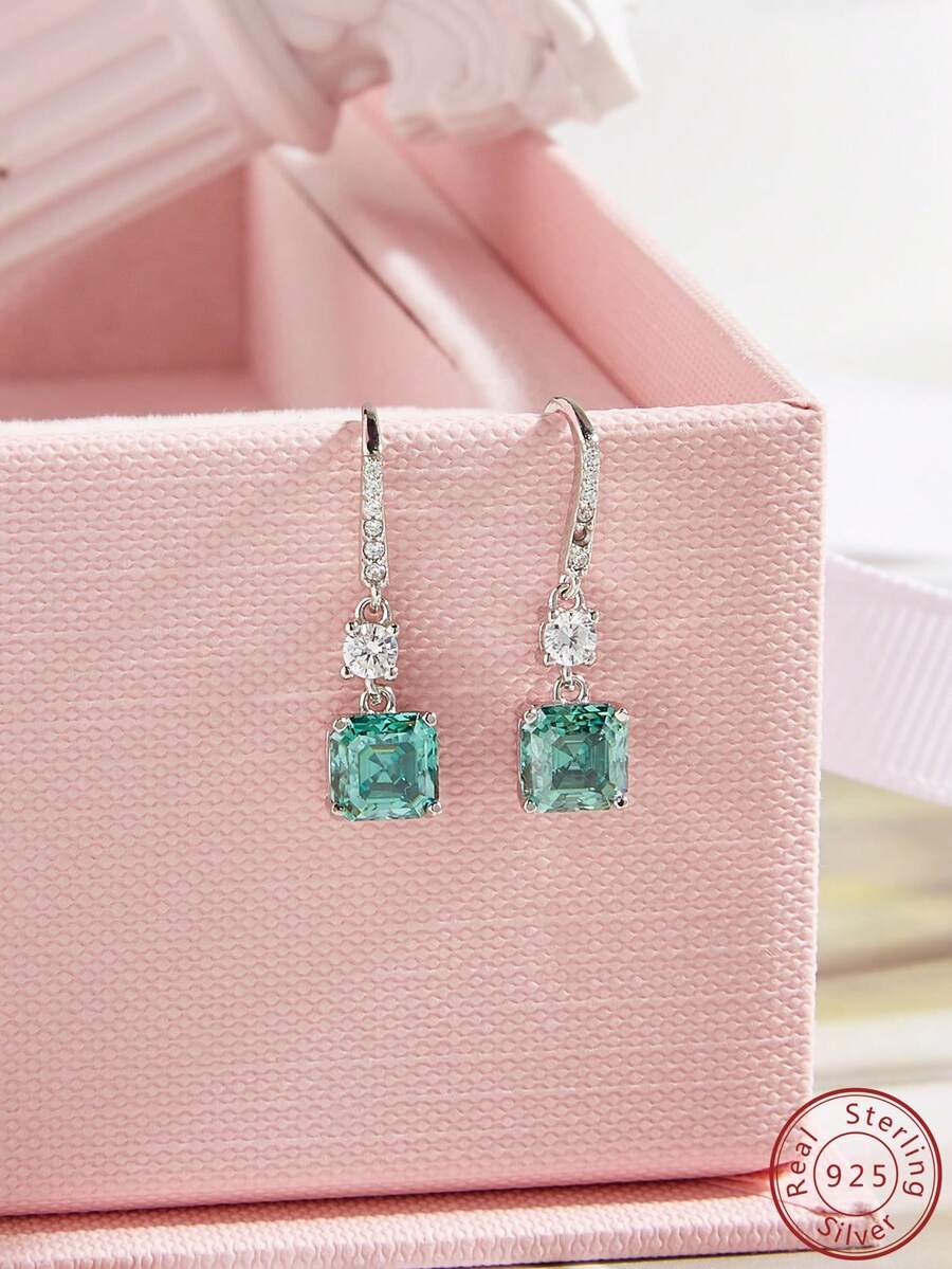 Cici Color 1對新式925純銀正方形1.2克拉綠色祖母綠切割莫桑石吊墜耳環女款時尚派對婚禮日常珠寶禮物鑽石新娘珠寶