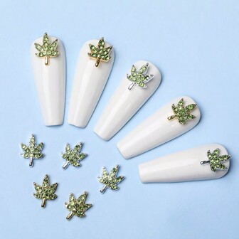 10Pcs (5 Golden & 5 Silver) Alloy Maple Leaf Shaped Nail Art Decoration With Light Green Rhinestones Diy Nail Charms Nail Gems Nail Supplies Nails