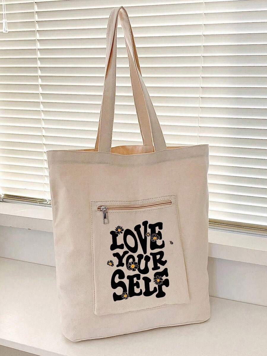 字母圖案印花大容量夏季購物袋，印花休閒手提袋，可重複使用的時尚背包，多功能手提袋，帆布購物袋，女士字母印刷手提袋，帆布肩袋，大容量購物袋，簡約時尚圖案帆布包，可攜式購物袋，輕便多功能肩袋 - 米色 - 查看 1