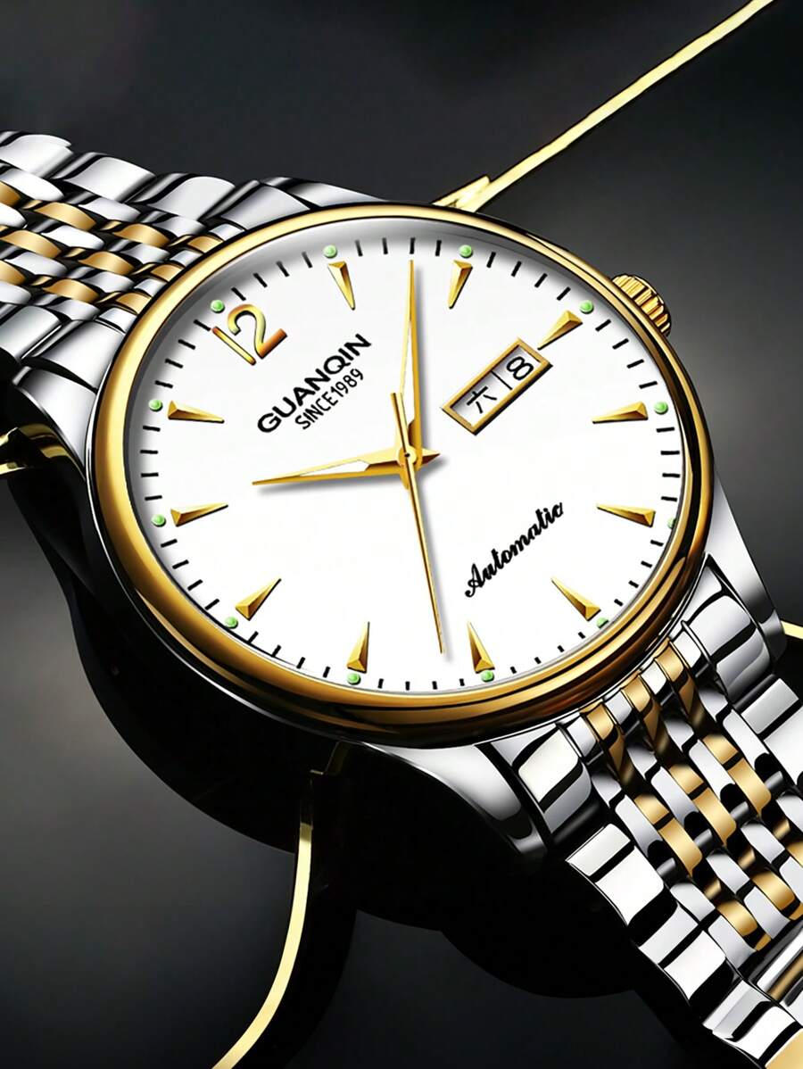 Guanqin Gj16110 男士金色不銹鋼機械腕錶,具有日曆、指針和夜光功能,適合日常裝飾。