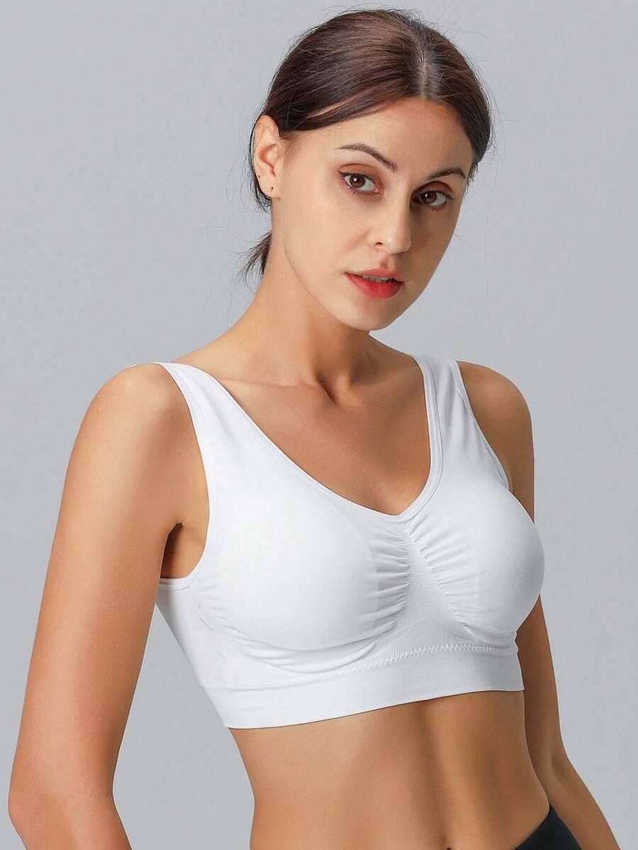 白色無線舒適背心式胸罩,雙層無縫瑜伽休閒日常睡衣內衣