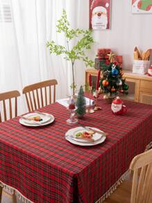 1pc Rural Style Poly- Christmas Red Plaid Tablecloth With Tassels For Coffee Table - Multicolor - View 5