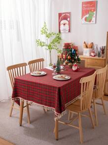 1pc Rural Style Poly- Christmas Red Plaid Tablecloth With Tassels For Coffee Table - Multicolor - View 1
